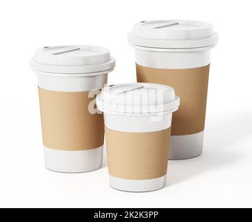 Tasses à café de différentes tailles isolées sur fond blanc. 3D illustration Banque D'Images