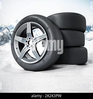 Pneus d'hiver sur la neige. 3D illustration Banque D'Images