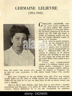 Registre de l'Union des femmes françaises dédiée aux femmes héroïques mortes pour la France: Portrait de Germaine Lelievre (1911-1945), décédée à son retour de déportation. 1950 France Collection Charles Grodzenski Banque D'Images