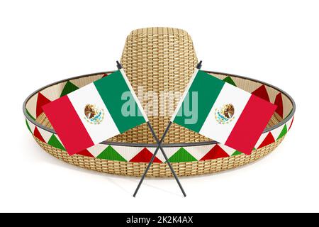 Chapeau mexicain ou sombrero et drapeaux mexicains isolés sur fond blanc. 3D illustration Banque D'Images