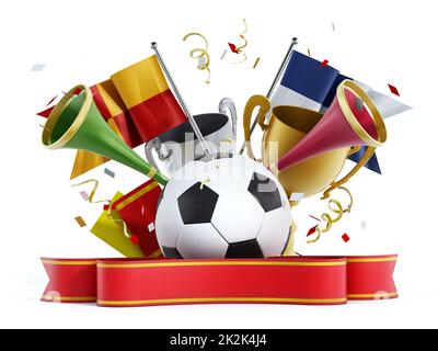 Ballon de football, drapeaux, ruban et trompettes. 3D illustration Banque D'Images