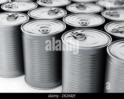 Boîtes de conserve empilées isolé sur fond blanc. 3D illustration Banque D'Images