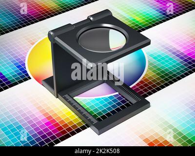 Impression en loupe sur la carte de couleurs. 3D illustration Banque D'Images