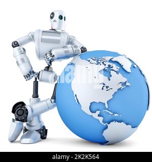 3D robot debout avec le globe. Concept de technologie. Isolé. Contient un masque Banque D'Images