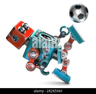 Robot rétro 3D jouer au soccer. Isolées. Contient clipping path Banque D'Images
