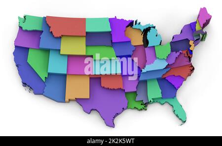 Carte multicolore des États-Unis affichant les frontières de l'état. 3D illustration Banque D'Images