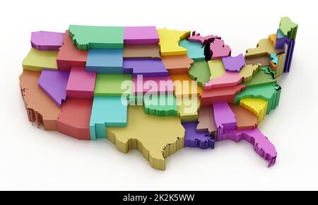 Carte multicolore des États-Unis affichant les frontières de l'état. 3D illustration Banque D'Images