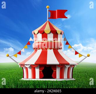 Tente de cirque debout sur un terrain vert contre un ciel bleu. 3D illustration Banque D'Images