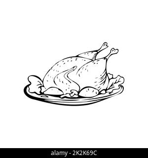 Poulet frit fines lignes noires sur fond blanc - Vector Banque D'Images