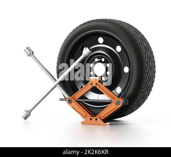 Roue de secours, cric et clé pour écrous de roues isolés sur fond blanc. 3D illustration Banque D'Images