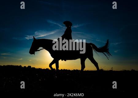 Silhouette de cowgirl à cheval au lever du soleil 1 Banque D'Images