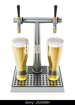 Deux verres de bière sous robinets à boissons alcoolisées. 3D illustration Banque D'Images