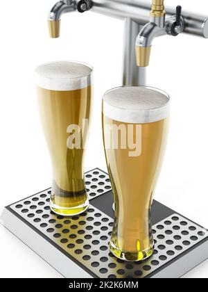 Deux verres de bière sous robinets à boissons alcoolisées. 3D illustration Banque D'Images