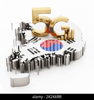 5G mots sur la carte et le drapeau de la Corée du Sud. 3D illustration Banque D'Images