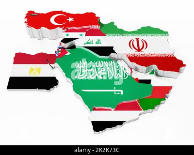 Pays du Moyen-Orient couverts de drapeaux nationaux. 3D illustration Banque D'Images