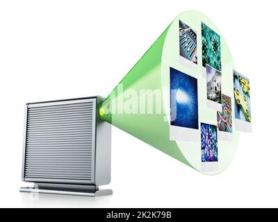 Disque dur externe avec photos projetées. 3D illustration Banque D'Images