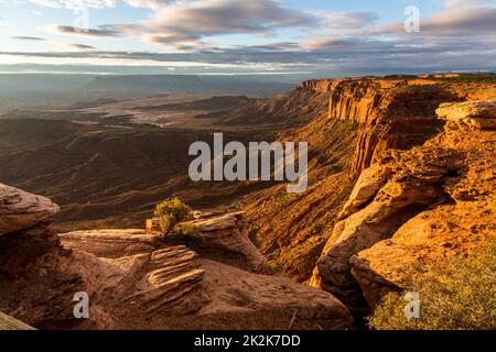 Lever de soleil sur les falaises de l'île dans le ciel dans le parc national de Canyonlands, Utah. Vue depuis Buck Canyon. Banque D'Images