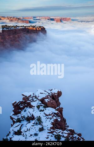 Au-dessus des nuages d'une inversion de température hivernale dans le parc national de Canyonlands, Moab, Utah. Vue depuis Buck Canyon Overlook, Island in the Sky Dist Banque D'Images