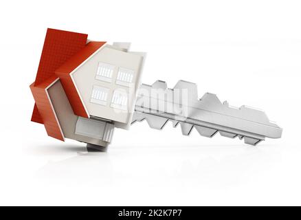 Modèle de maison connecté à la clé métallique. 3D illustration Banque D'Images