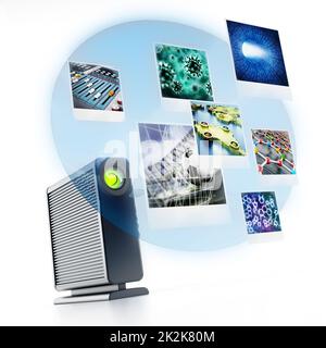 Disque dur externe avec photos projetées. 3D illustration Banque D'Images