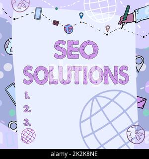 Légende conceptuelle Seo Solutions. Page de résultat du moteur de recherche d'idées d'affaires augmenter les visiteurs par classement Tableau blanc Uni avec dessin à la main ligne de guide pour les pas sur le monde entier. Banque D'Images