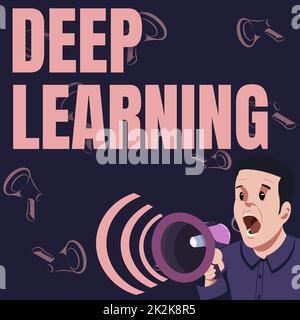 Inspiration montrant enseigne apprentissage en profondeur. Business Showcase abstractions hiérarchiques Artificial Intelligence Algorithm homme d'affaires parlant à travers Megaphone faire une merveilleuse nouvelle annonce Banque D'Images