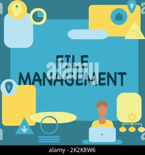 Texte indiquant la gestion des fichiers d'inspiration. Programme Word for Computer qui fournit une interface utilisateur pour gérer les données Man assis sur le bureau travailler et présenter les nouvelles technologies. Banque D'Images