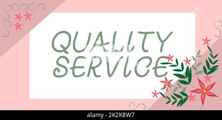 Légende de texte présentant Quality Service. Mot écrit sur la façon dont le service bien fourni est conforme aux attentes du client cadre décoré avec des fleurs colorées et le feuillage arrangé harmonieusement. Banque D'Images