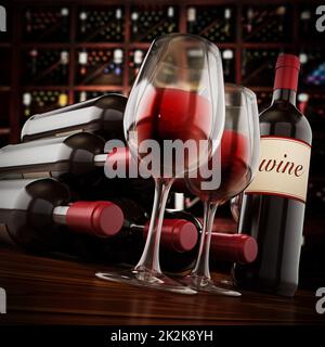 Bouteilles de vin et verres sur la table de la cave de vinification. 3D illustration Banque D'Images