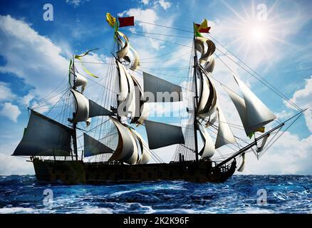 Voilier d'époque à la mer sous ciel clair. 3D illustration Banque D'Images