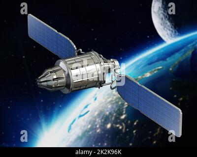 Satellite de communication en orbite autour de la terre. 3D illustration Banque D'Images