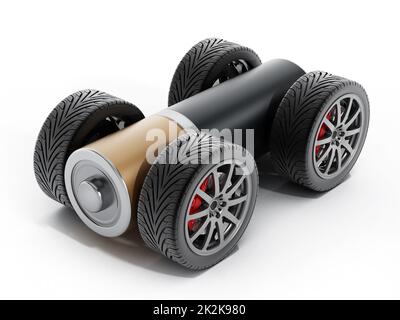 Roues et pneus connectés à une batterie AA. 3D illustration Banque D'Images