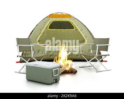 Tente de camping, sièges, feu et réfrigérateur sur fond blanc. 3D illustration Banque D'Images
