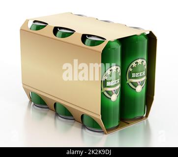 Canettes de bière en métal dans un paquet de 6. 3D illustration Banque D'Images