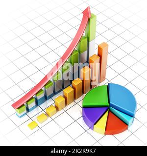 Les barres de vente en hausse et le graphique à secteurs montrant les données financières. 3D illustration Banque D'Images