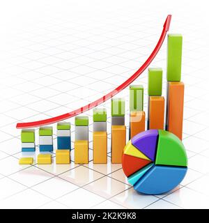 Les barres de vente en hausse et le graphique à secteurs montrant les données financières. 3D illustration Banque D'Images