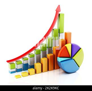 Les barres de vente en hausse et le graphique à secteurs montrant les données financières. 3D illustration Banque D'Images