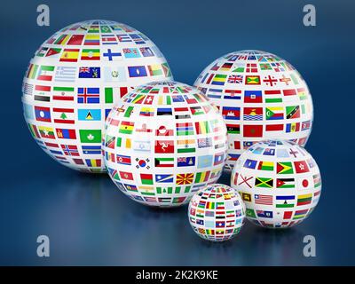 Drapeaux de pays autour des globes sur fond bleu. 3D illustration Banque D'Images