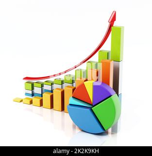 Les barres de vente en hausse et le graphique à secteurs montrant les données financières. 3D illustration Banque D'Images