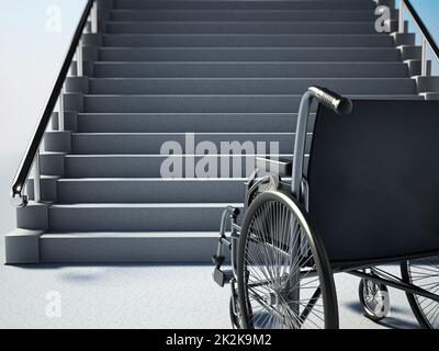 Fauteuil roulant vide devant un escalier raide. 3D illustration Banque D'Images