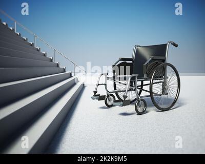 Fauteuil roulant vide devant un escalier raide. 3D illustration Banque D'Images