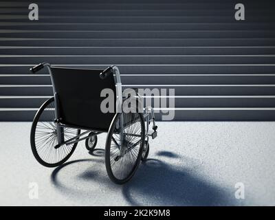Fauteuil roulant vide devant un escalier raide. 3D illustration Banque D'Images