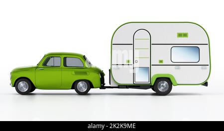 Voiture vintage verte avec caravane. Isolé sur fond blanc. 3D illustration Banque D'Images