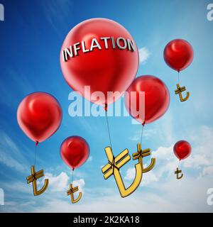 Ballons volants rouges avec symbole de la lire turque attachée. 3D illustration Banque D'Images
