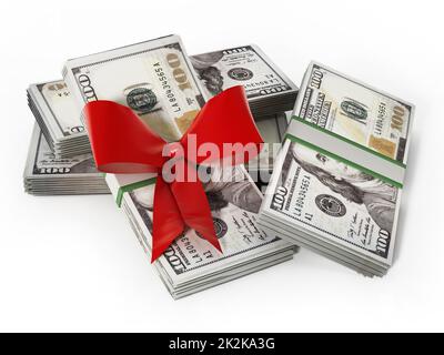 billets d'argent de 100 dollars avec ruban rouge. 3D illustration Banque D'Images