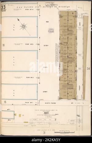 Cartographie, cartes. 1884 - 1936. Lionel Pincus et Princess Firyal Map Division. Assurance incendie , New York (État), immobilier , New York (État), Villes et villages , New York (État) Brooklyn V. 11, 1918 de la nouvelle feuille carte n° 33 carte délimitée par 1st Ave., long Island R.R. Cour Banque D'Images