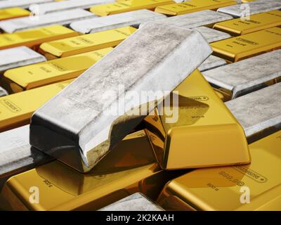 Lingots d'or et d'argent isolés sur fond blanc. 3D illustration Banque D'Images