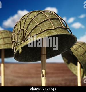 Casques de la Seconde Guerre mondiale contre le ciel bleu. 3D illustration Banque D'Images