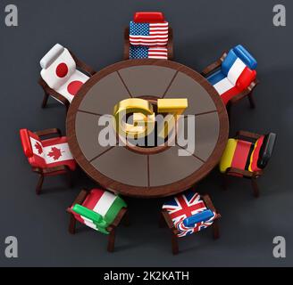 G7 drapeaux autour de la table ronde. 3D illustration Banque D'Images