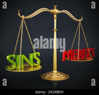 Balance équilibrée avec des péchés et des mérites de deux côtés. 3D illustration Banque D'Images